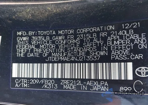 2022 Toyota Corolla Le from USA, damaged, VIN JTDEPMAE4NJ213537